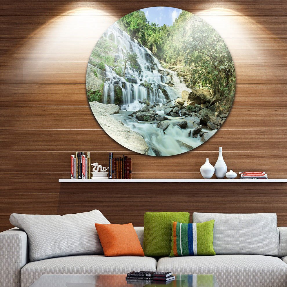 Maeyar Waterfall In Rain, Landscape Photo Round Metal Wall Art, 38"