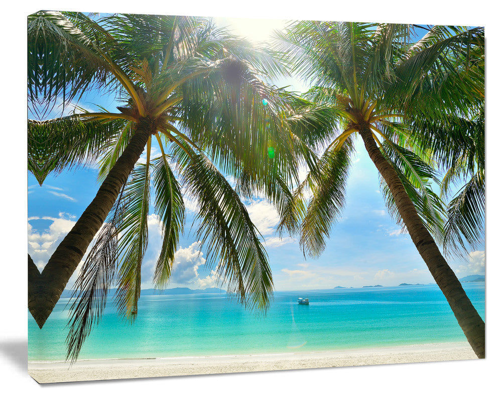 Palm Hanging over Sandy White Beach, Seashore Photo Canvas Art Print, 60"x28"
