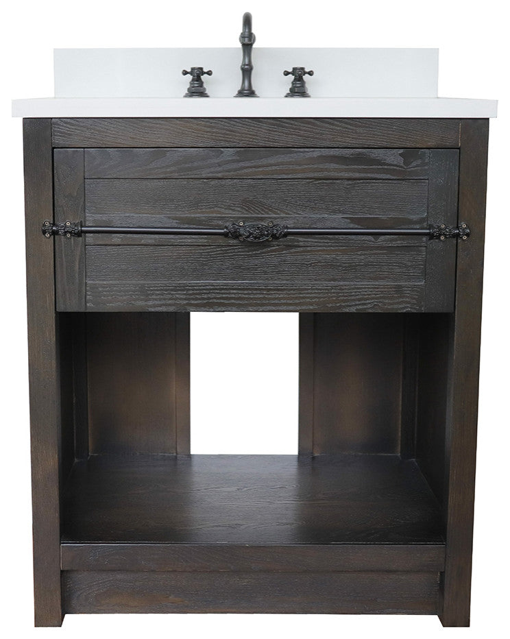 30" Single Vanity, Brown Ash, White Engineered Stone Top, Oval Sink