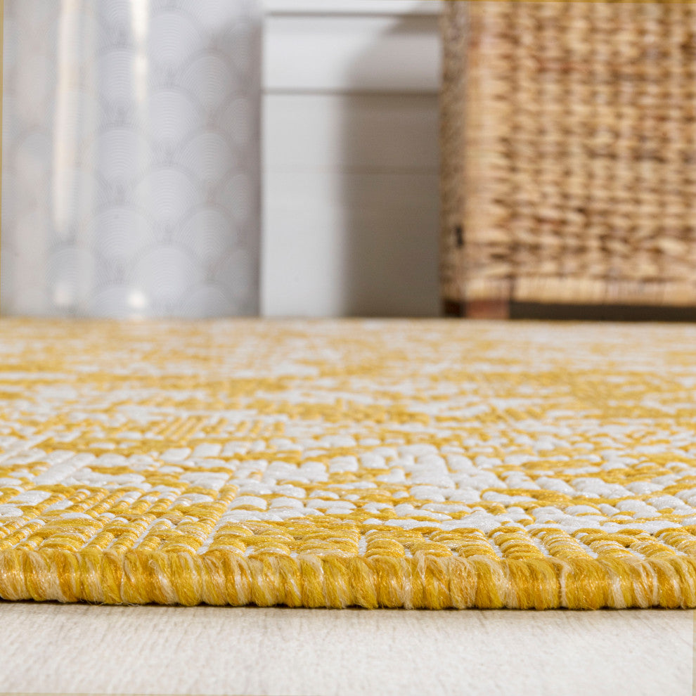 Tela Boho Textured Weave Floral Indoor/Outdoor Rug, Yellow/Cream, 5' Square