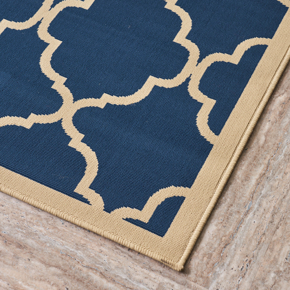 GDF Studio Hazel Outdoor Geometric  Area Rug, Navy and Ivory, 5'x8'