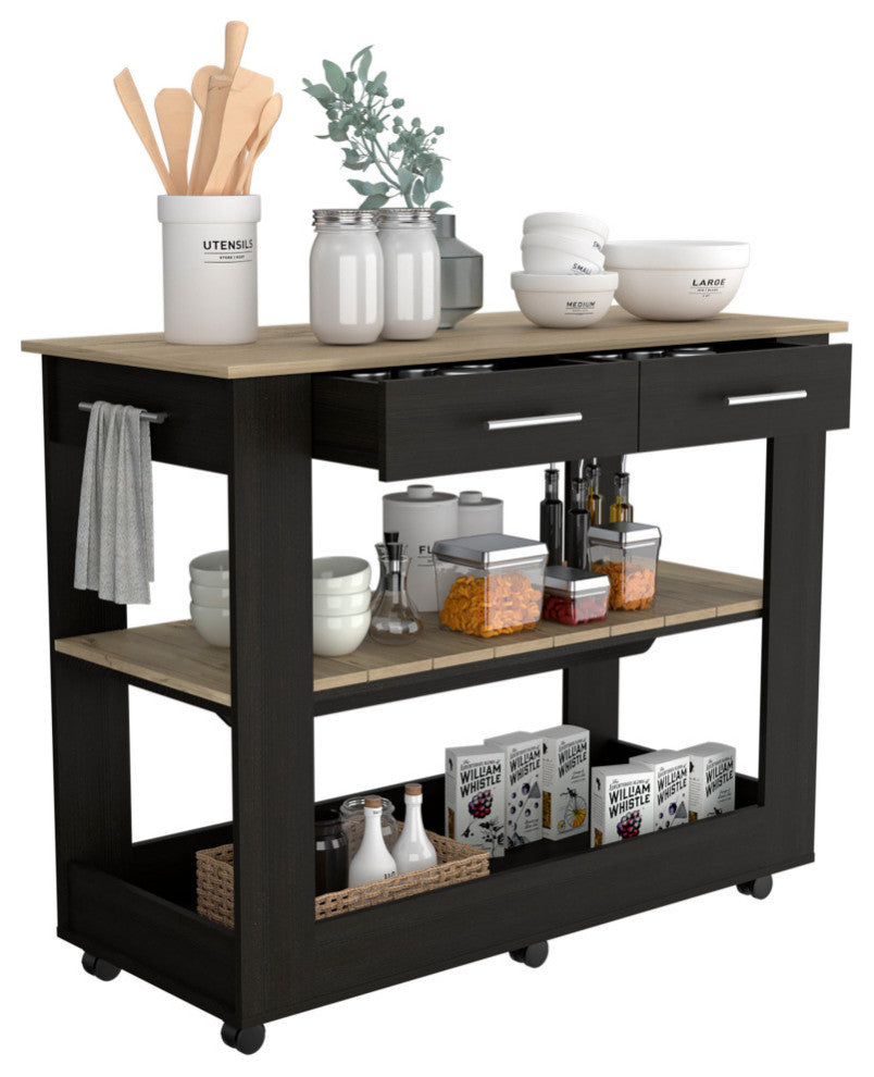 Brooklyn 80 Light Oak Accented Kitchen Island, with Shelves and Drawers, Black