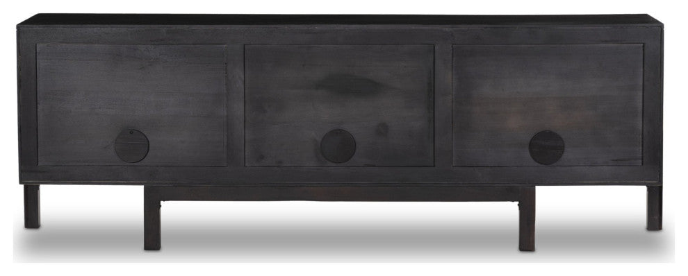 Reza Media Console Worn Black Parawood, Gunmetal Black, Worn Black Acacia
