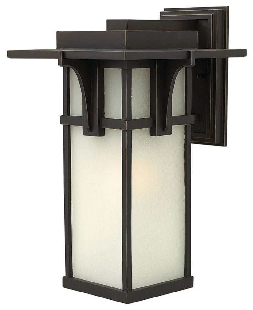 Manhattan Large Outdoor Wall Sconce, Oil Rubbed Bronze With Etched Seedy Glass