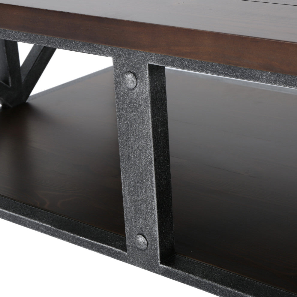 GDF Studio Dresden Faux Wood Coffee Table With Antique Black Iron Frame, Rustic