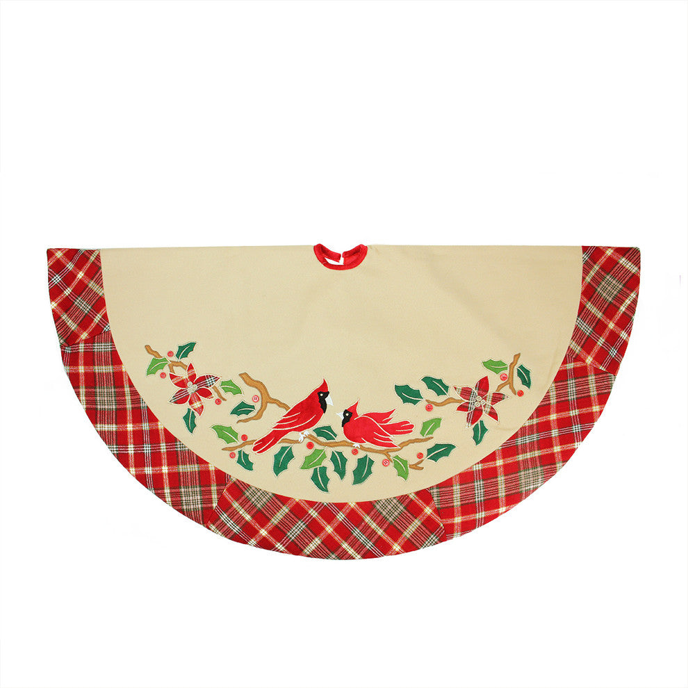 48" Embroidered Cardinal Birds Christmas Tree Skirt With Red Plaid Border