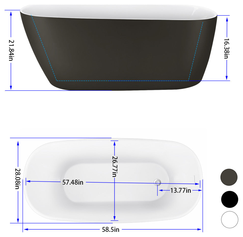 59" Acrylic Single Slipper Flatbottom Non-Whirlpool Bathtub, Gray