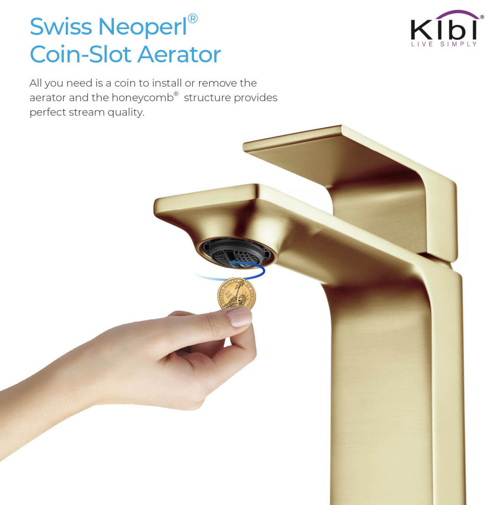 KIBI Mirage Single Handle Bathroom Faucet, Brush Gold, With Drain