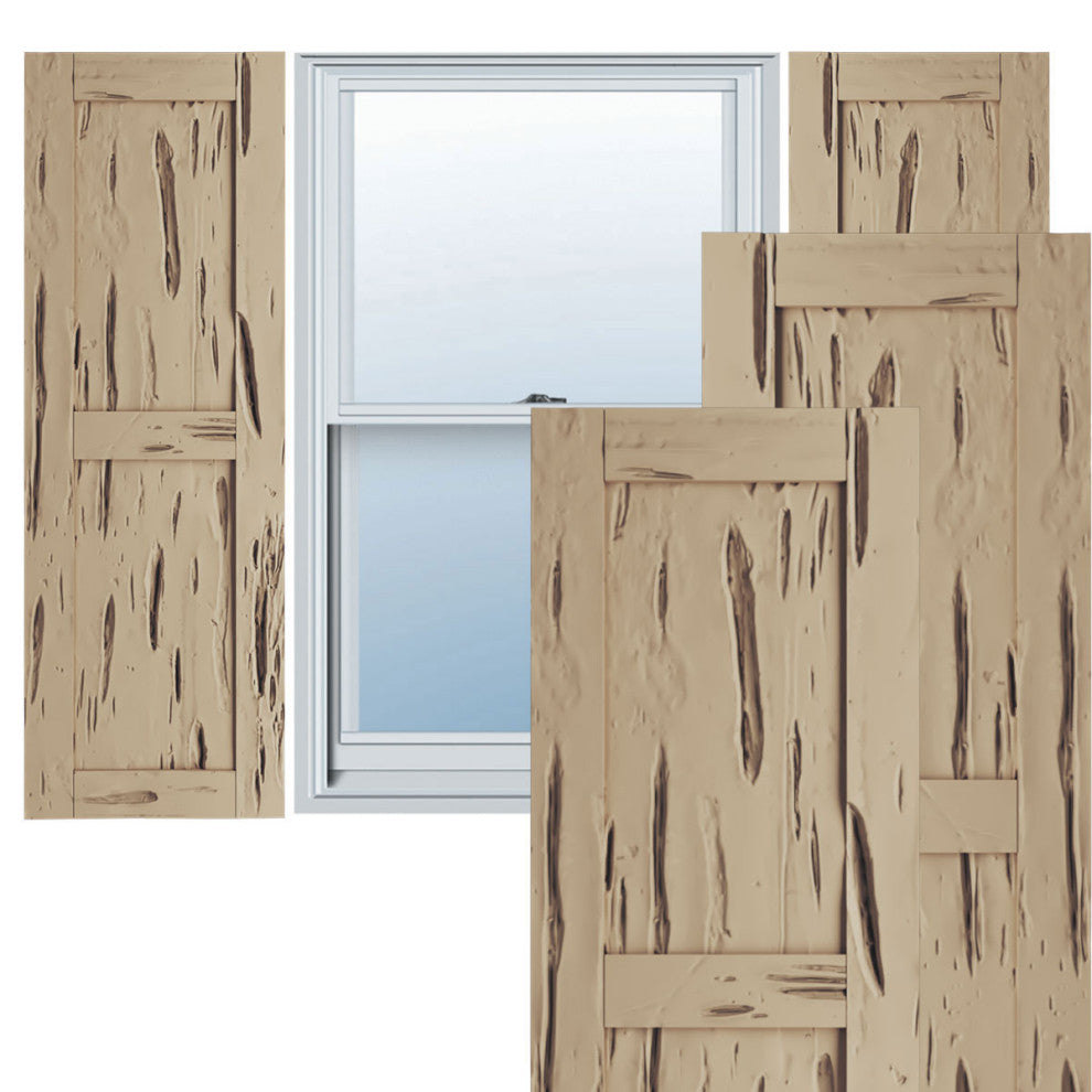 Rustic Two Equal Panel Flat Panel Pecky Cypress Faux Wood Shutters (Per Pair)