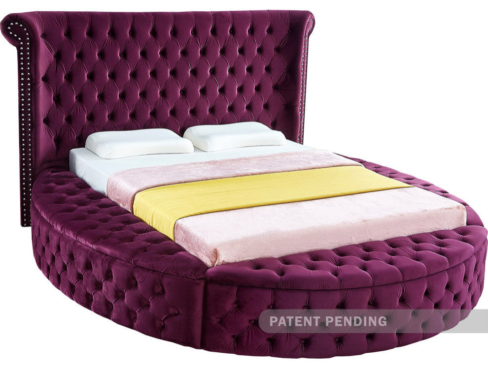 Luxus Button Tufted Velvet Round Bed, Purple, King