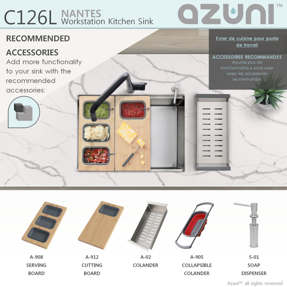 AZUNI 25"L x 19"L Single Bowl Undermount 16G Reversible Workstation Kitchen Sink