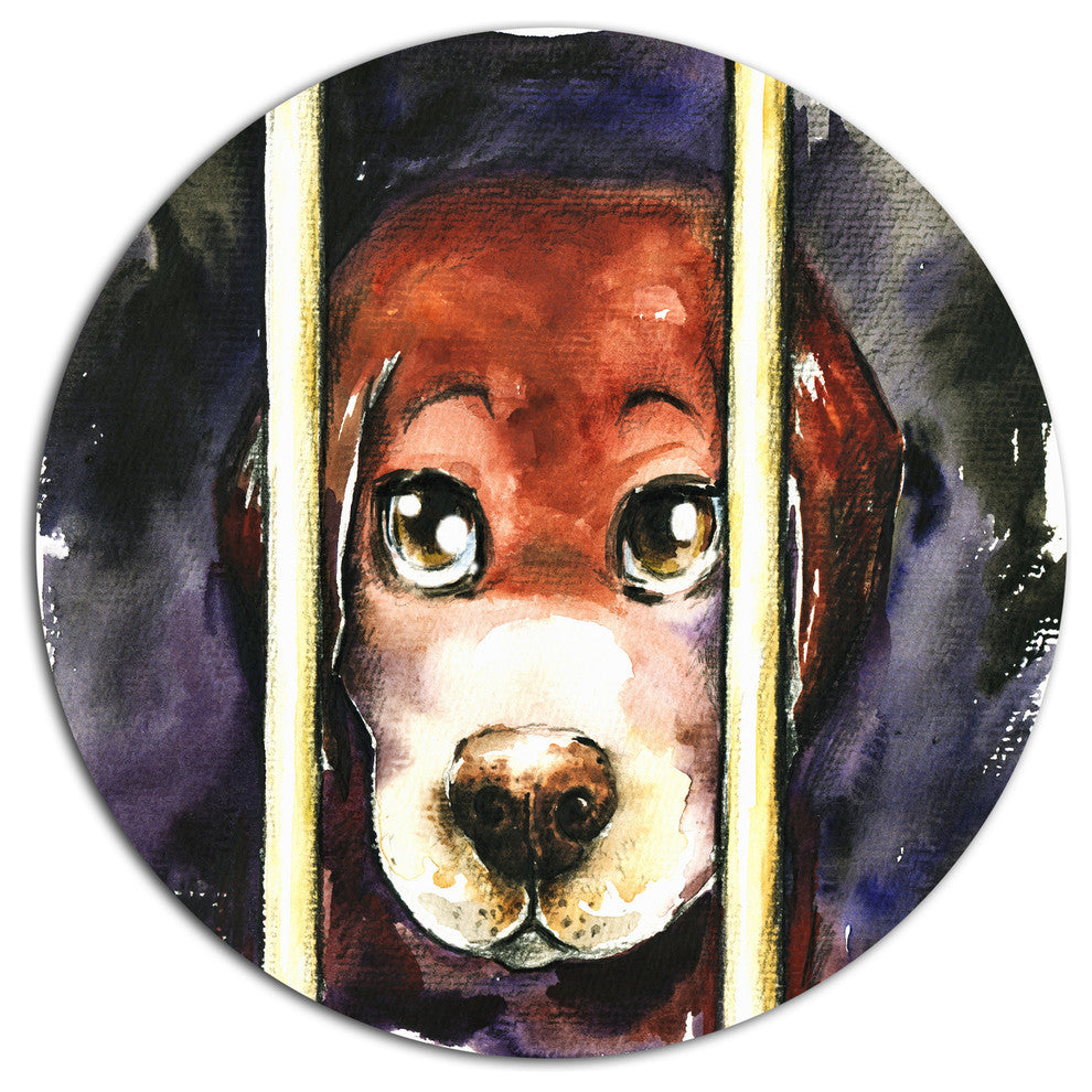 Sad Dog In Animal Shelter, Animal Disc Metal Artwork, 11"