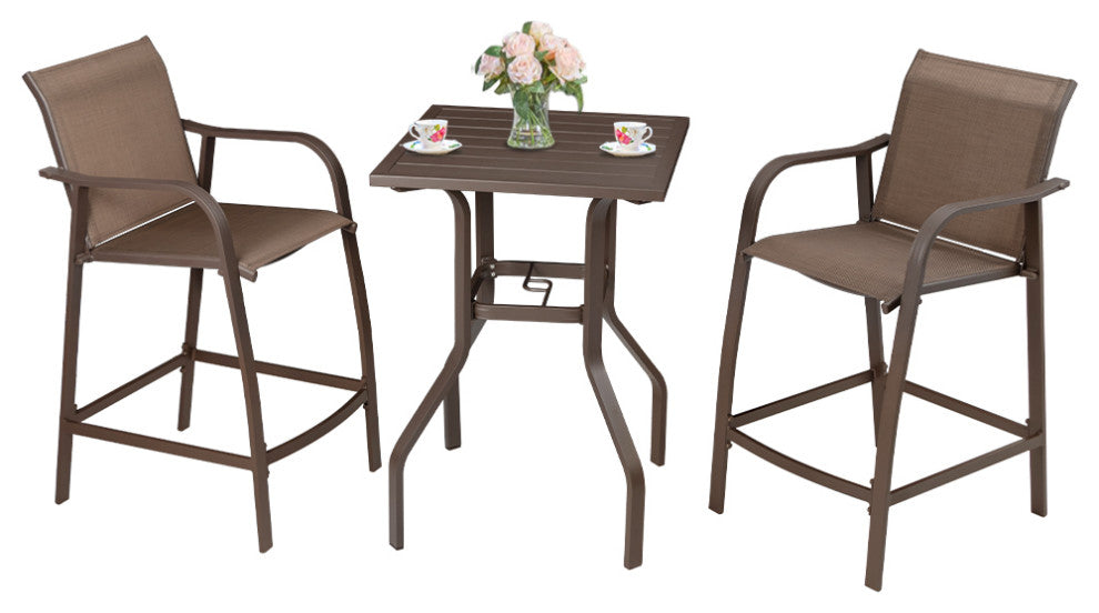 Aluminum Patio Bar Set Bar Stools and Table Set, Brown