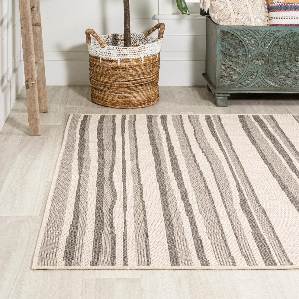 Castara Wavy Stripe Modern Indoor/Outdoor Area Rug, Cream/Dark Gray, 8x10