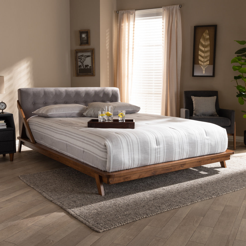Amias Mid-Century Modern Gray Fabric Upholstered Wood King Platform Bed