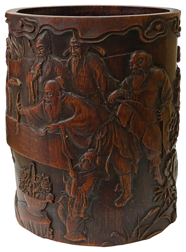 Chinese Bamboo Relief Scholars Motif Carving Brush Pen Holder Art ws2139S