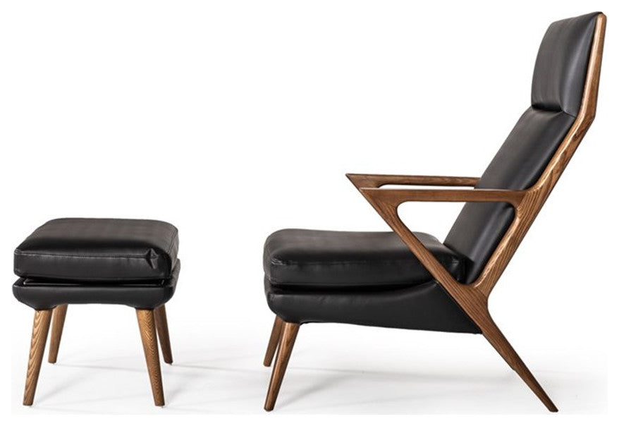 Limari Home Fulton Faux Leather & Wood Lounge Chair & Ottoman in Black/Walnut