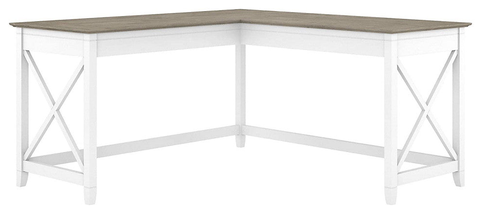 L Shaped Desk, Pure White Body With X-Shaped Side Accents and Shiplap Gray Top