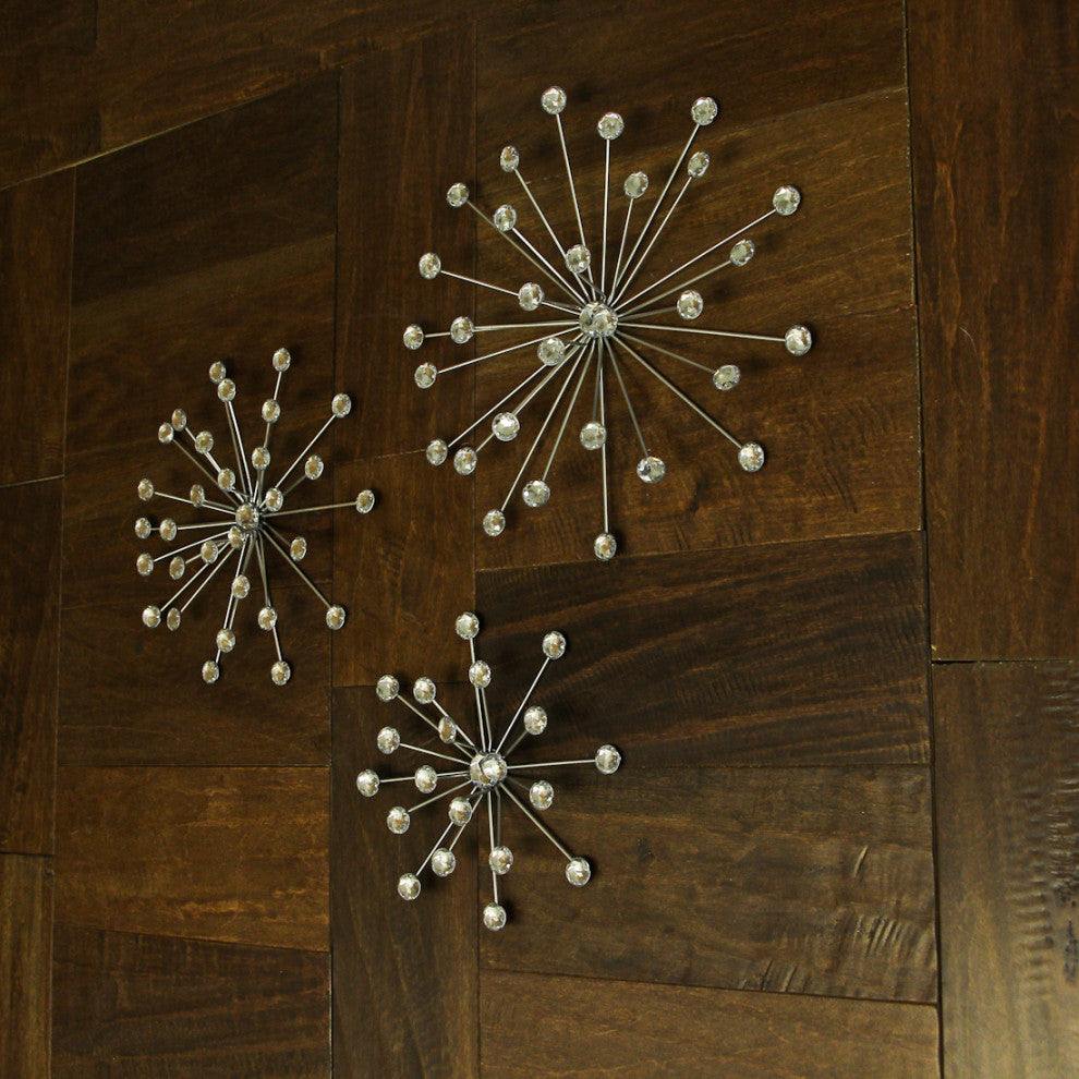 Set of 6 Unique Silver Bursting Star Metal Wall Sculptures with Jeweled Points