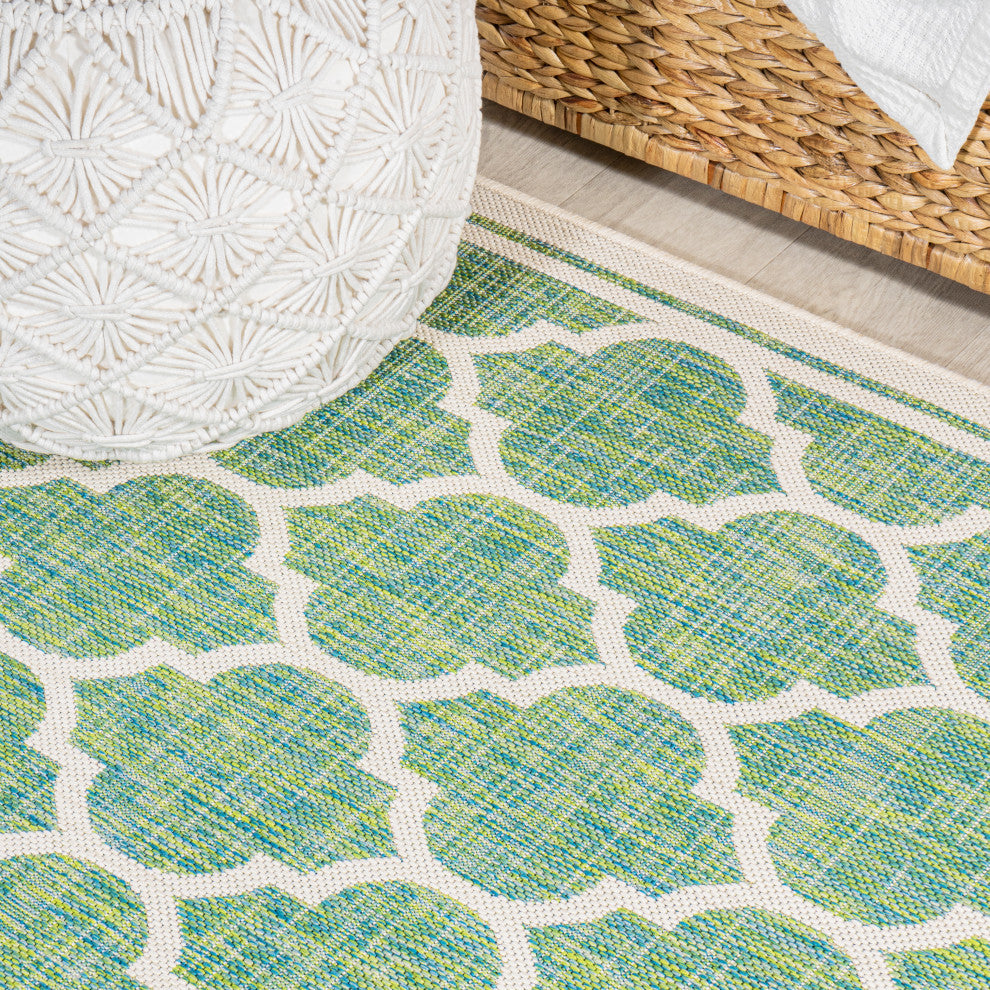 Trebol Moroccan Trellis Textured Weave Indoor/Outdoor, Cream/Green, 2 X 8