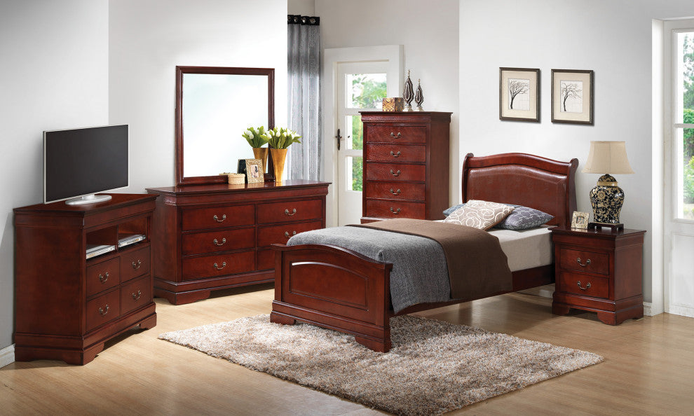 Louis Philippe Upholstered Twin Panel Bed, Cherry
