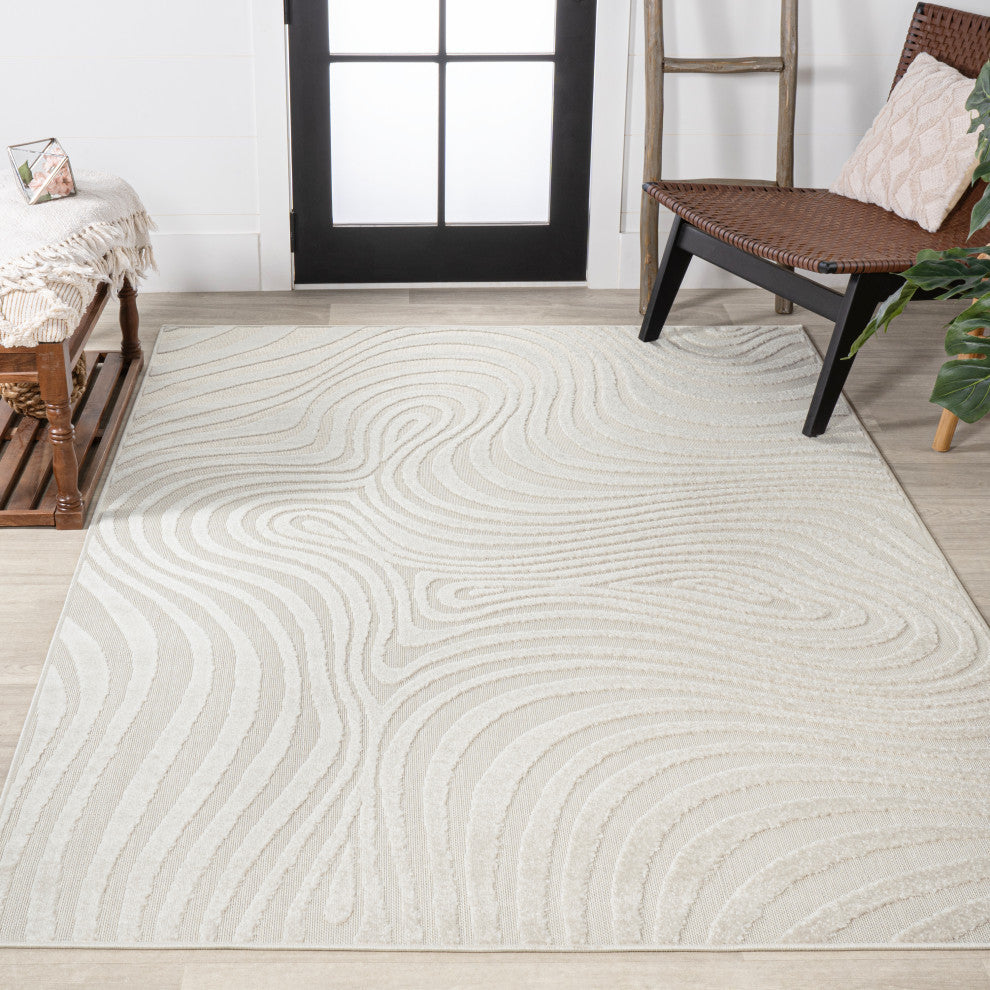 High-Low Groovy Striped Cream/Ivory 5 ft x 8 ft Indoor/Outdoor Area Rug