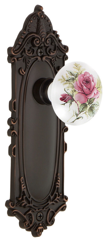 Victorian Plate Privacy White Rose Poreclain Door Knob, Timeless Bronze