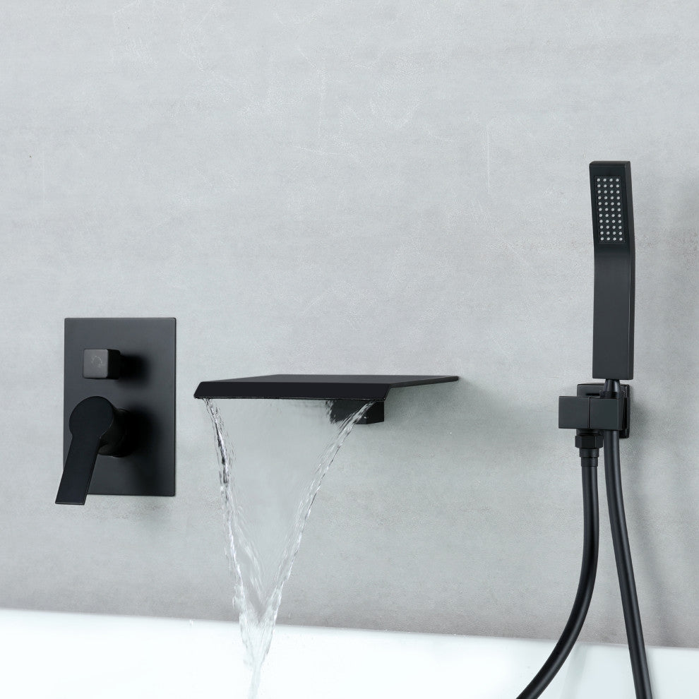 Wellfor Shower Faucet Set, Waterfall Tub Spout and Hand Shower, Black