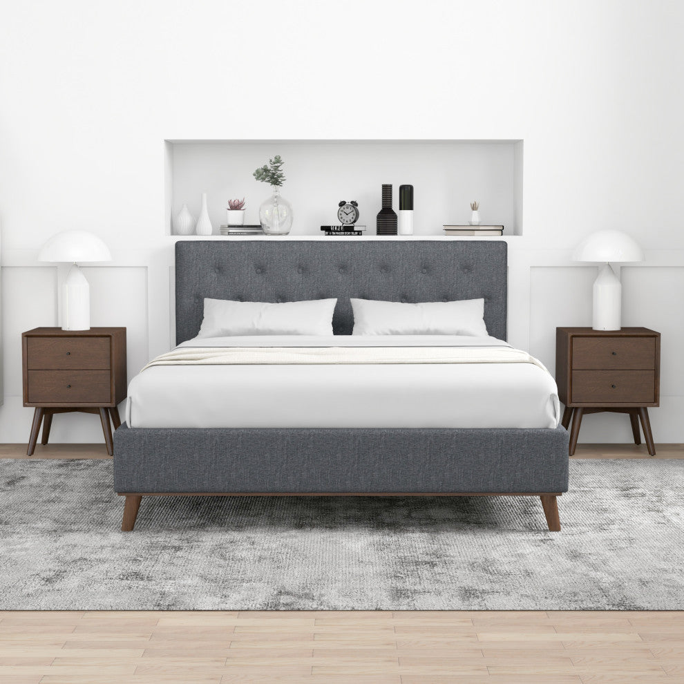 Ashton Mid-Century Modern Solid Wood Tufted Dark Grey Fabric Platform Bed, Queen