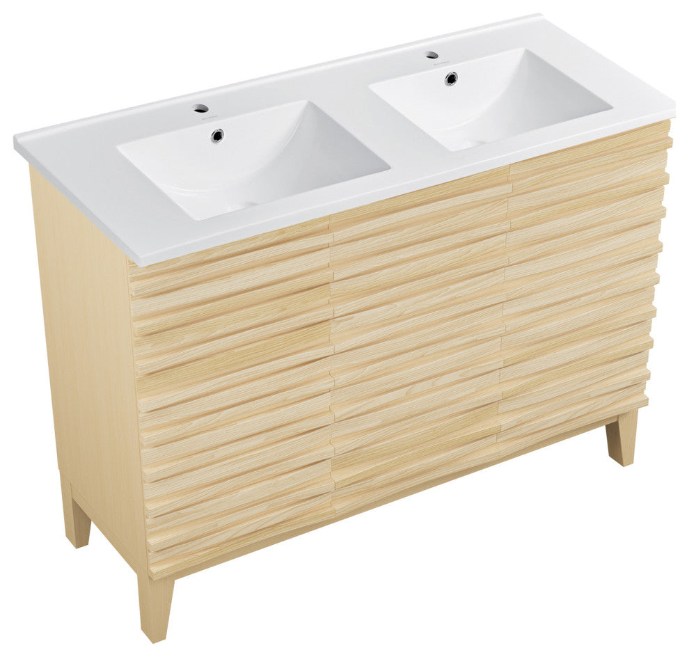 Cascade 48" Natural Oak, Double Basin Bathroom Vanity With White Sink Top