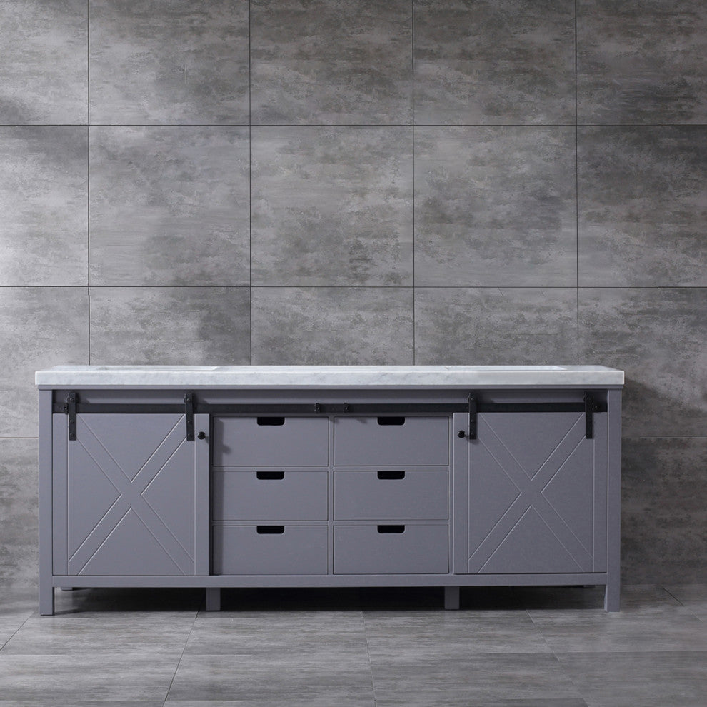 Marsyas 84" Dark Gray Double Vanity, White Marble Top, White Sinks, No Mirror