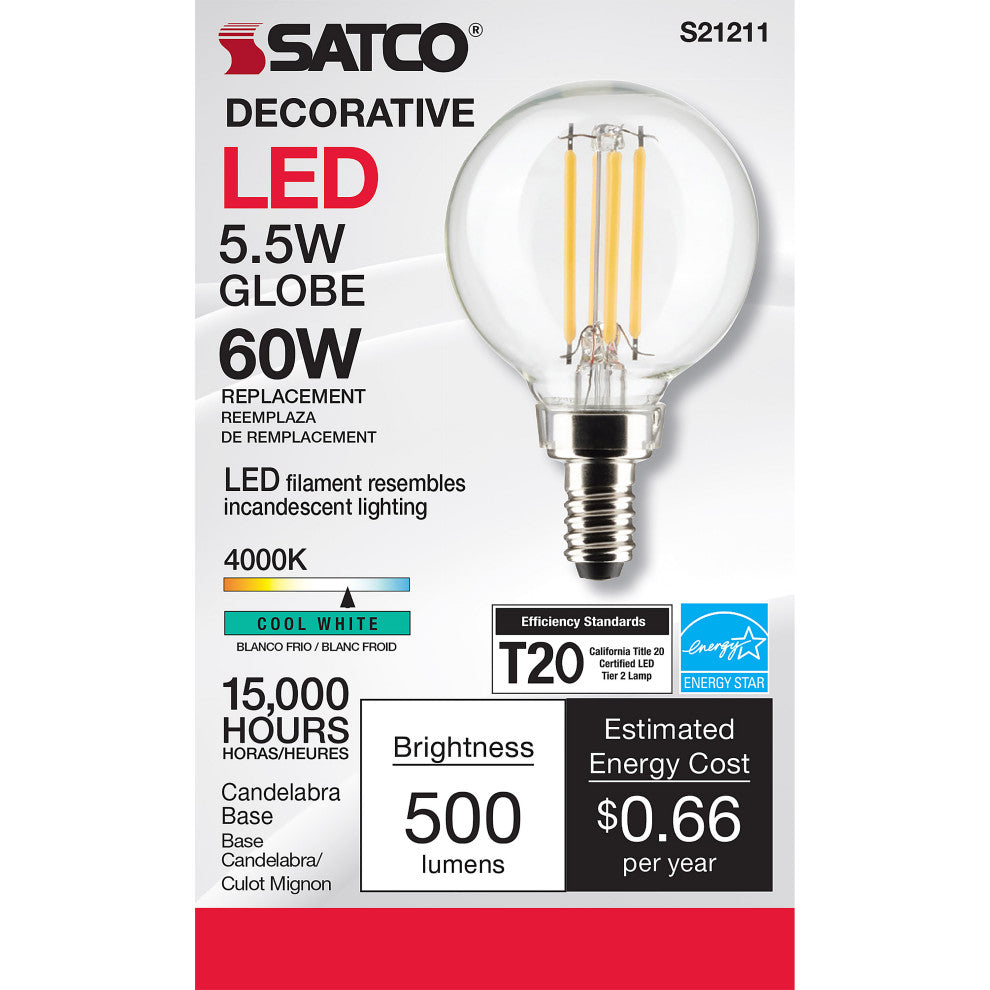 5.5W G16.5 LED, Clear, Candelabra Base, 90 CRI, 4000K, 120V