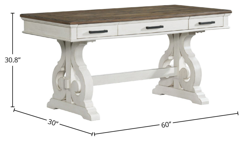 Drake 60" Wide Writing Desk, Rustic White and French Oak