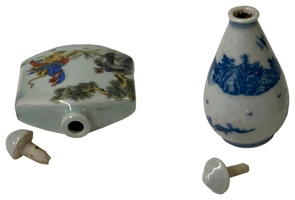 Set of 2 Chinese Porcelain Snuff Bottle Blue White Color Scenery Graphic Hws2457