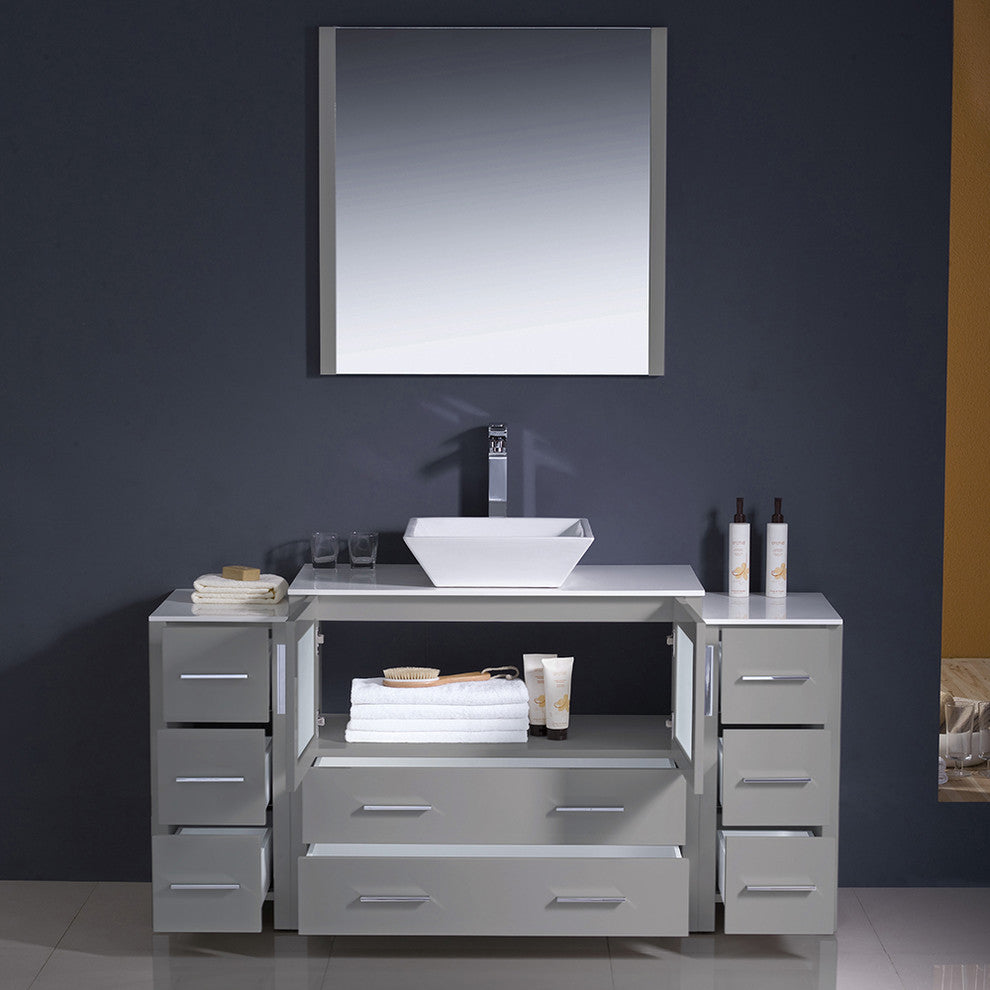 60" Gray Modern Bathroom Vanity With 2 Side Cabinets, Faucet, FFT1045BN