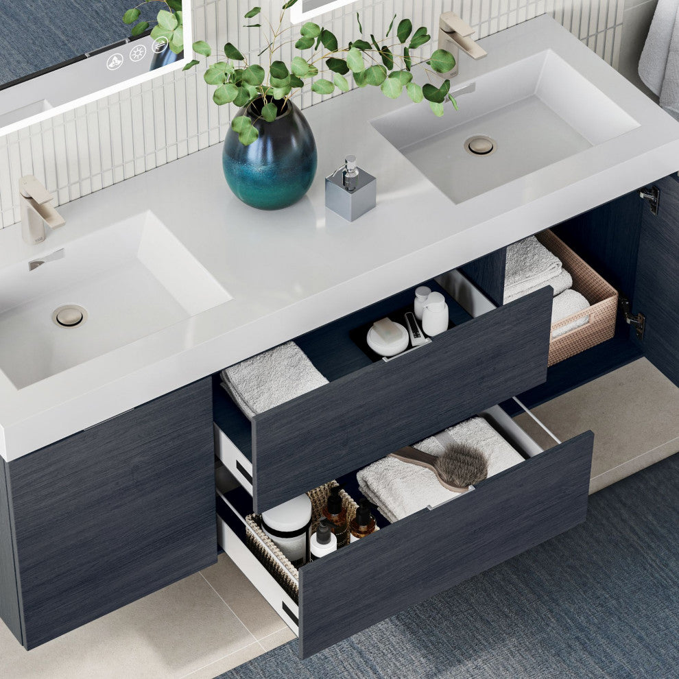 Boutique Bath Vanity, Gray Oak, 60", Double Sink, Wall Mount