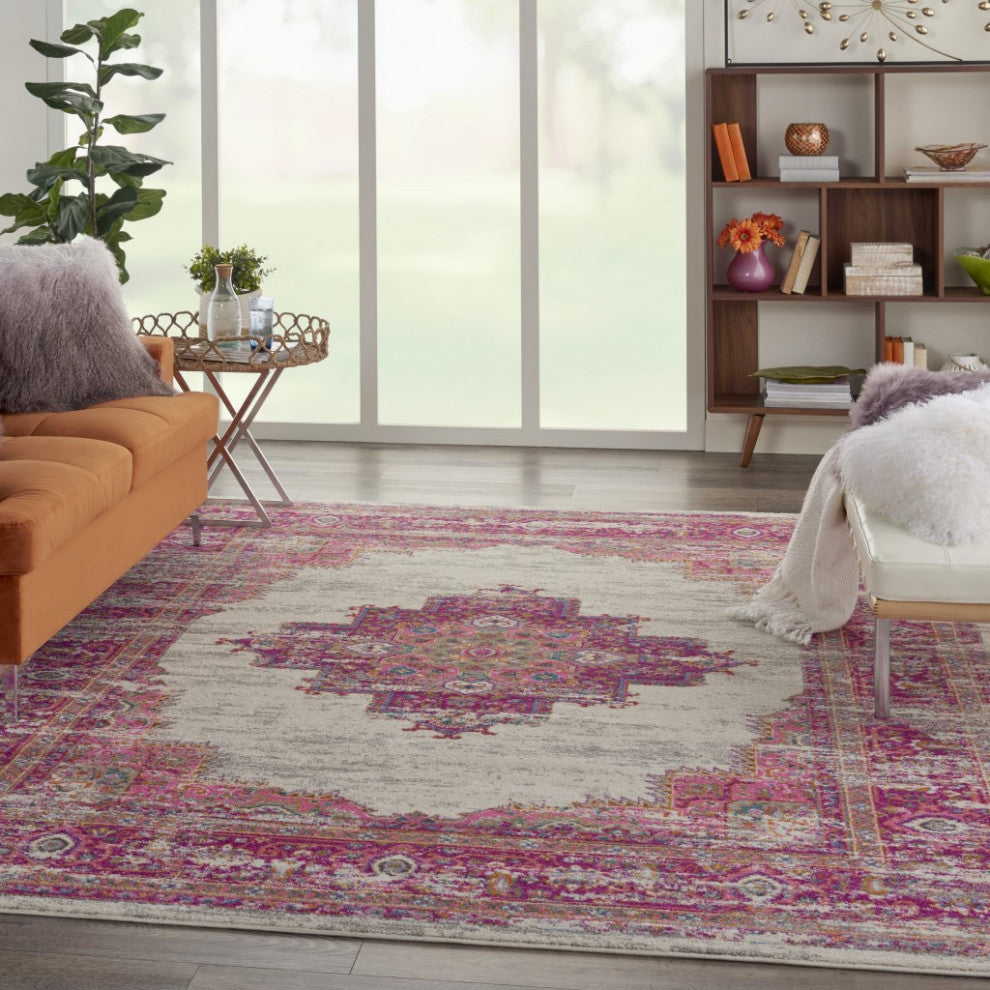 7 x 10' Ivory and Fuchsia Distressed Area Rug