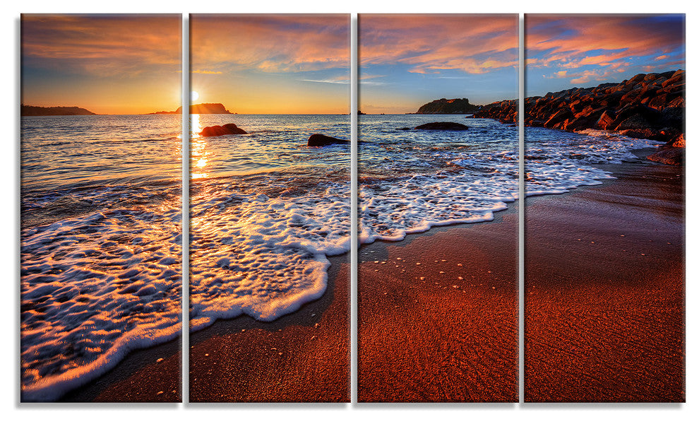 Stunning Ocean Beach at Sunset, Seashore Canvas Print, 48"x28", 4 Panels