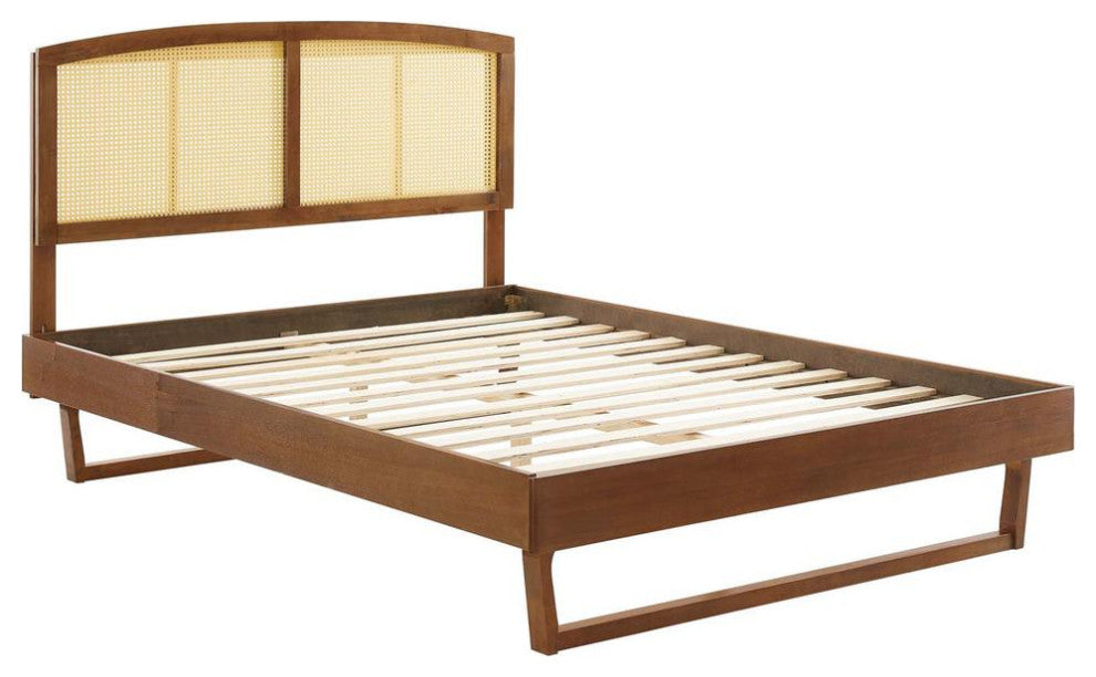 Sierra Cane and Wood Full Platform Bed With Angular Legs Walnut