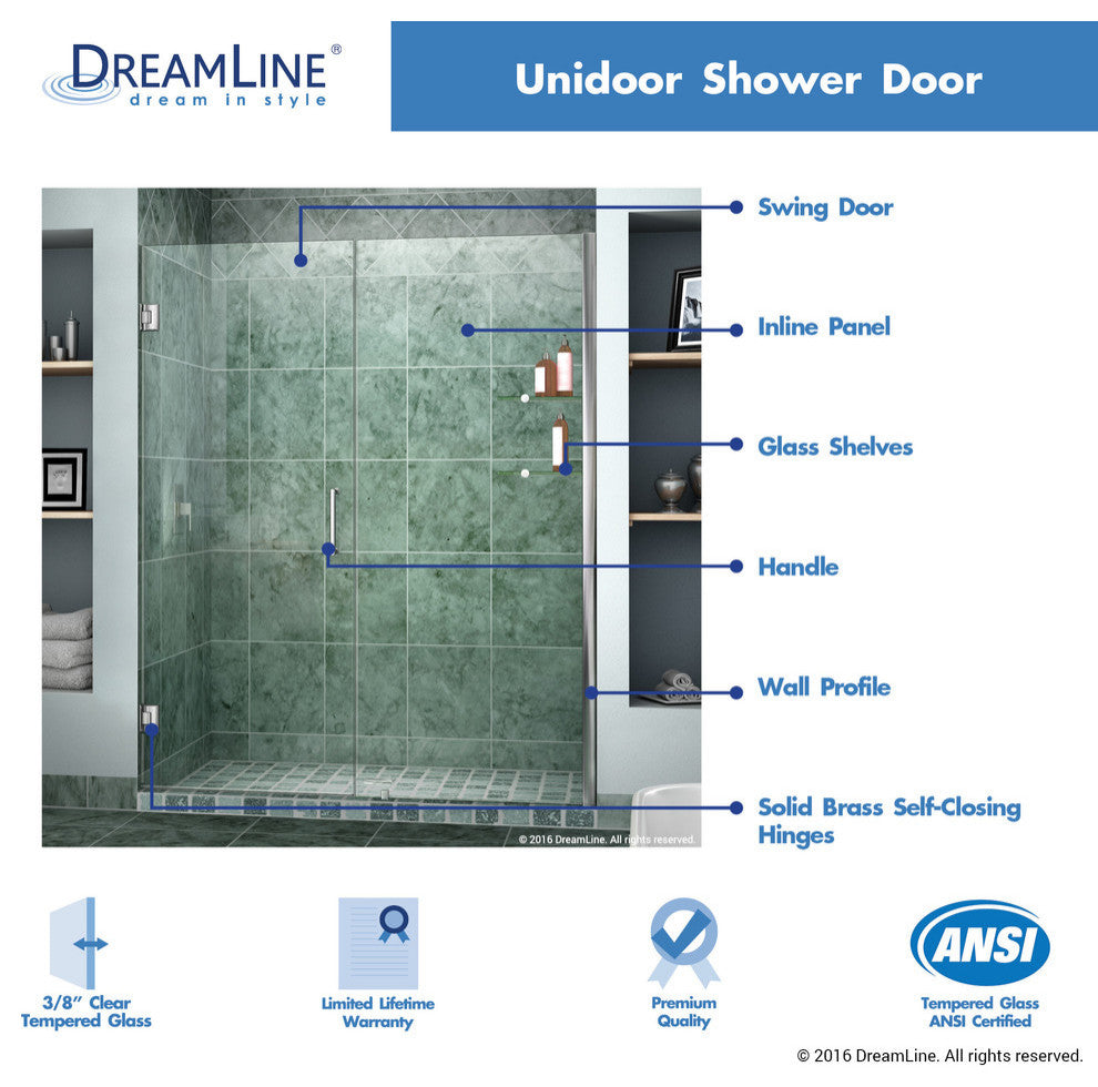 DreamLine Unidoor 53" to 54" Frameless Hinged Shower Door, Clear Glass, Chrome