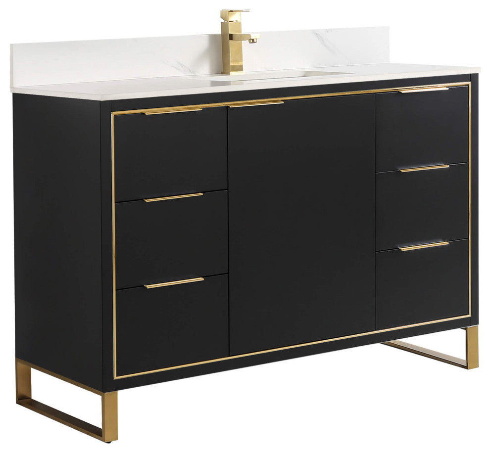 Opulence Bath Vanity, Black Matte, 48", Satin Brass Hardware, White Top