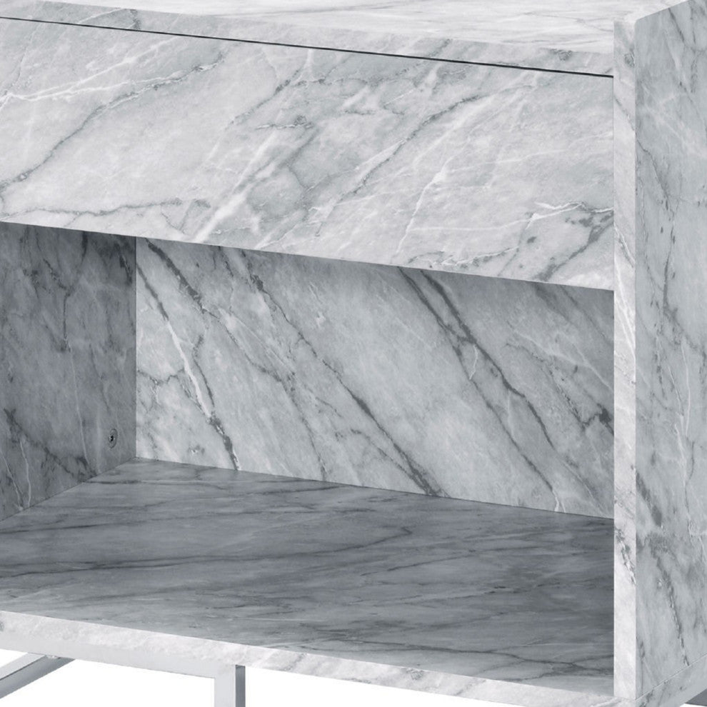 Benzara BM250334 Faux Marble Accent Table With Chrome Finish, White