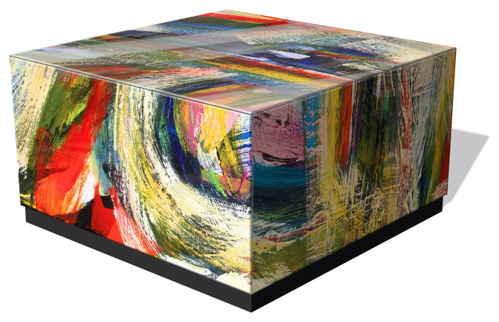 "Graffiti Rock Star I" Printed Glass Cocktail Table with Black Plinth Base