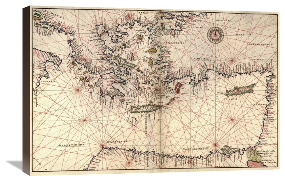 Portolan Or Navigational Map, Greece, The Mediterranean and The Levant, 30"x20"