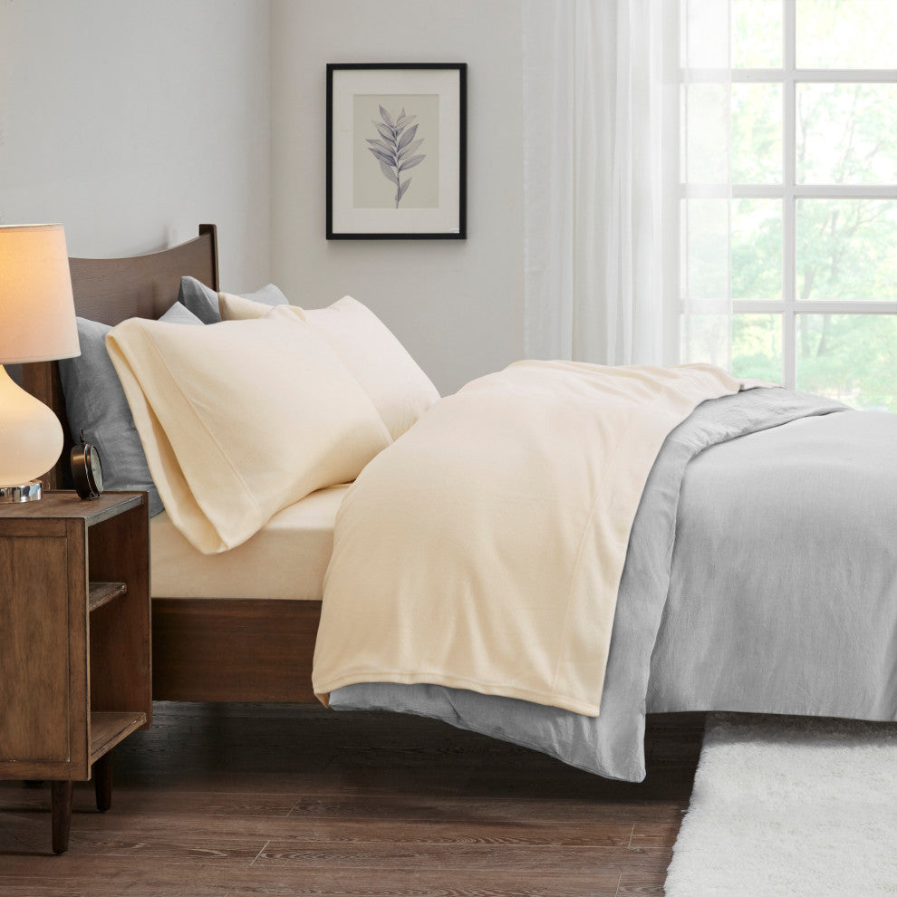 True North by Sleep Philosophy Knitted Micro Fleece Solid Sheet Set, Ivory, Quee