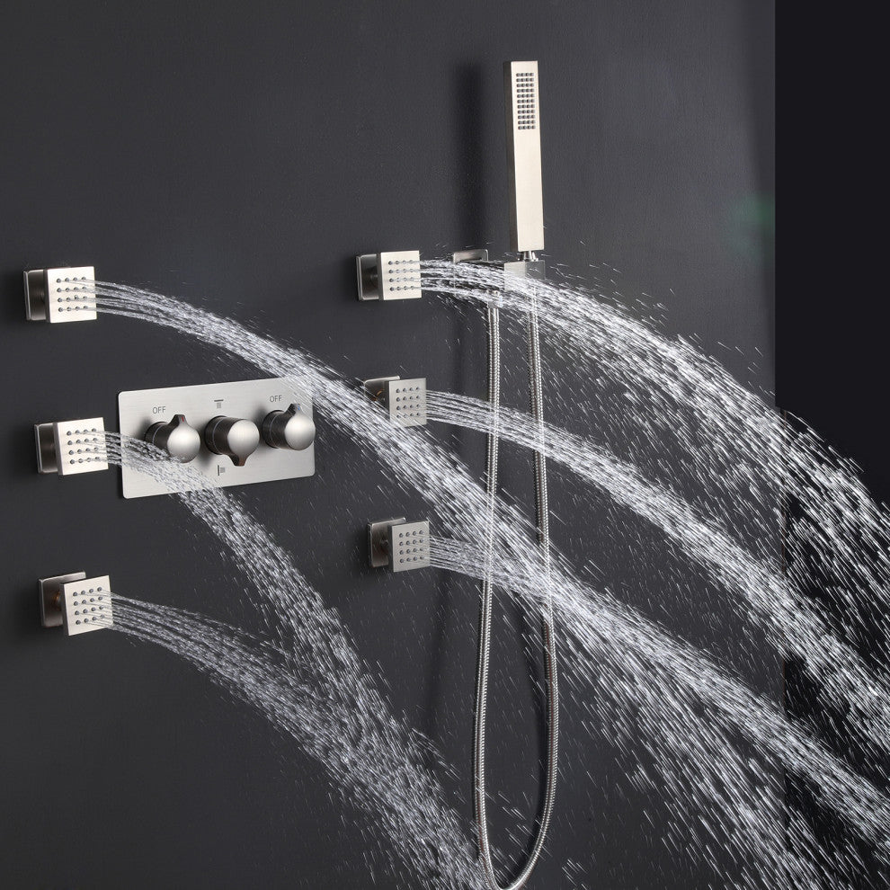 Luxury LED Rain Shower System With Rough-In Valve & 6 Body Jets, Brushed Nickel
