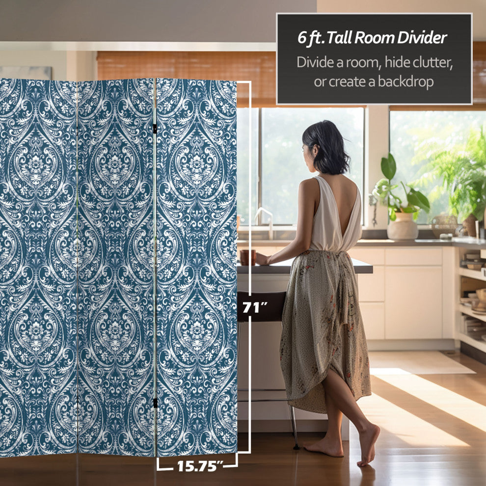 6' Tall Double Sided Ocean Damask Canvas Room Divider