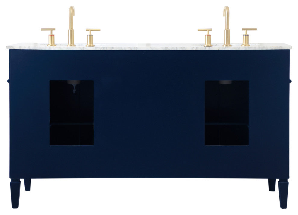 Home Living Vanity with Carrara White Marble Countertop, Blue, 60", Double Sink