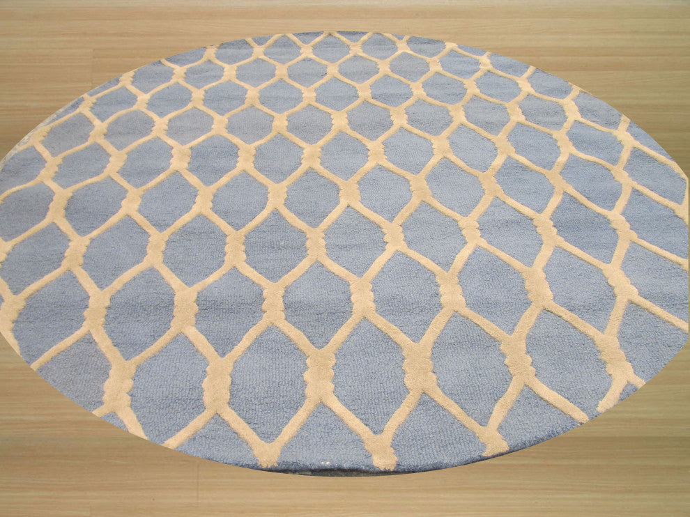 Hand-Tufted Wool Blue Transitional Geometric Chain-Link Rug, 6' Round