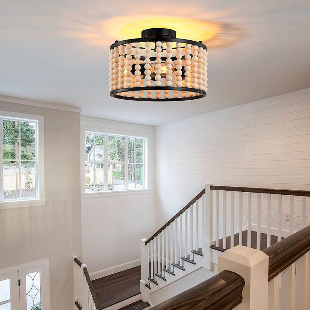 3 Light Wood Beads Ceiling Light Fixture, Farmhouse, Boho, Black
